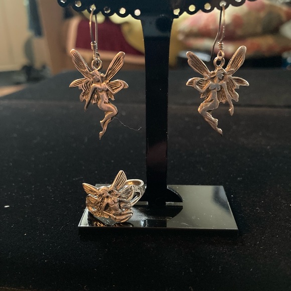 4 pc set Fairies. 925 silver Ring (Sz8) & Earrings Vintage Seagull pewter Brooch - Picture 10 of 14